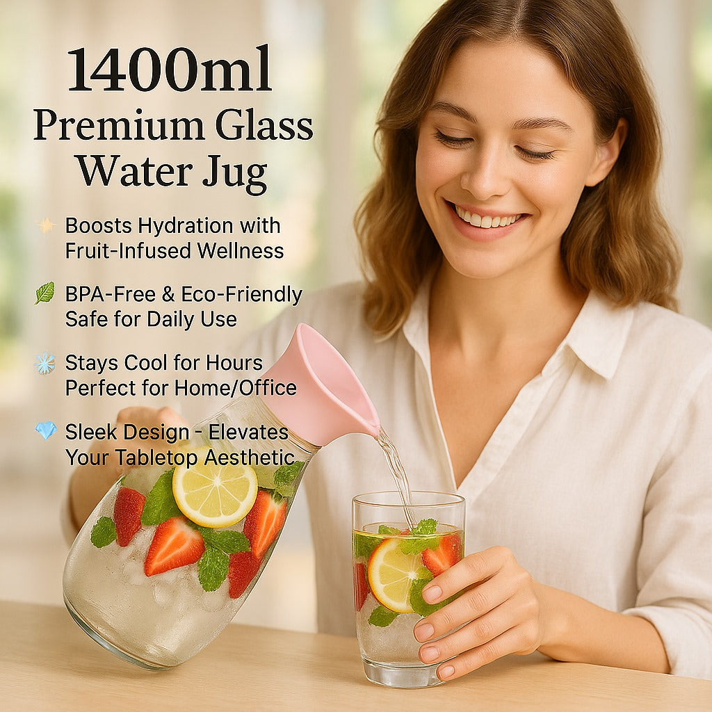 1400ml Hard Glass Water Jug with Lid – Heat-Resistant Pitcher for Water, Juice, Iced Tea, Milk & Beverages
