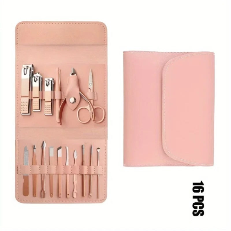 16Pcs Professional Manicure Amp Pedicure Set Nail Clippers Cuticle Nippers Amp Grooming Tools With Travel Case Random Color