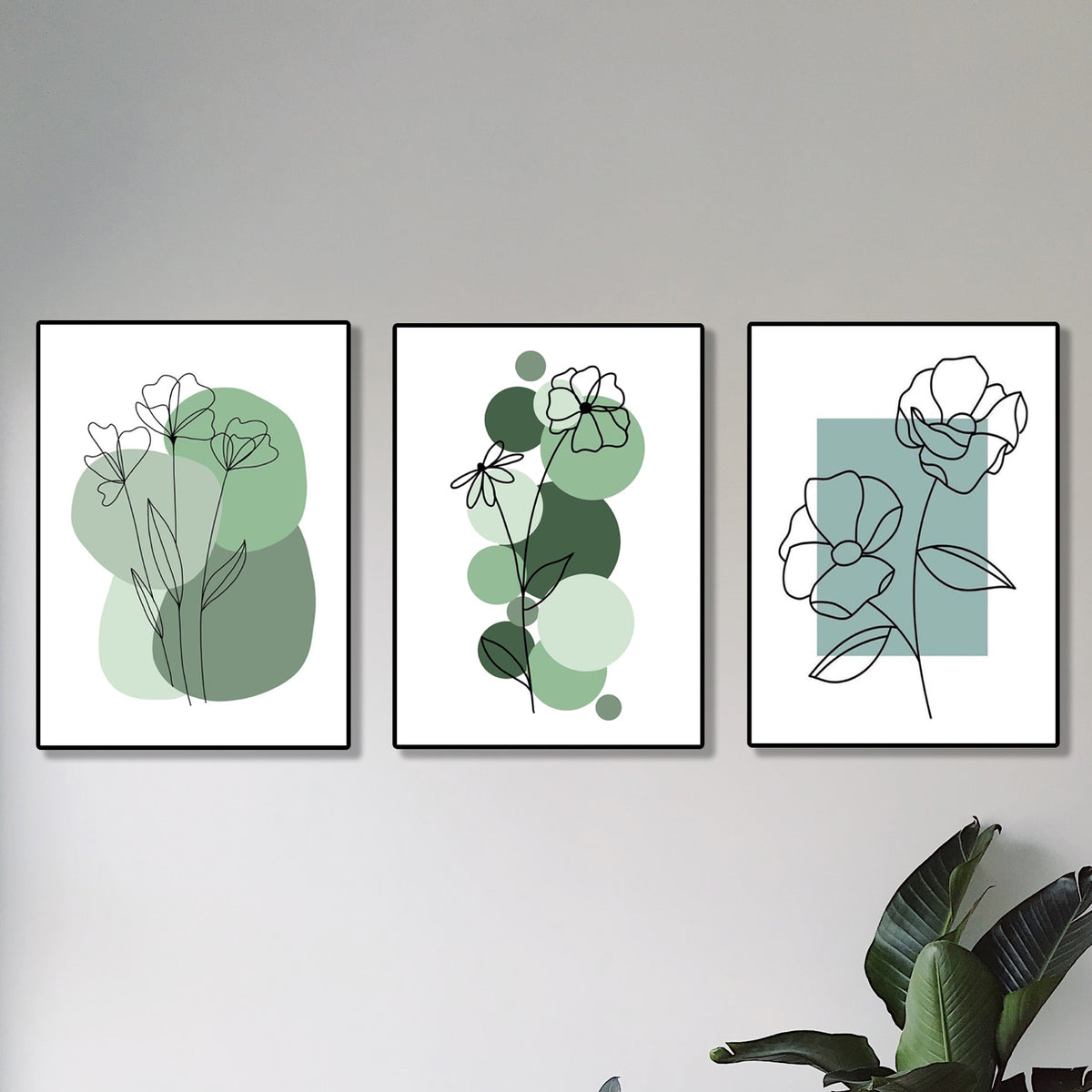 Set Of 3 Abstract Plant Art Wooden Canvas Frames For Wall Decore Sticky Phototiles For Home And Office