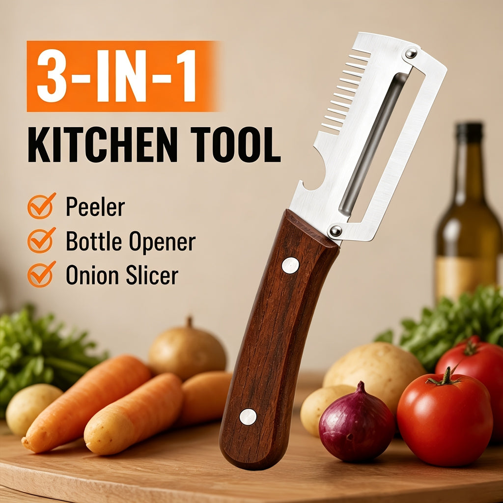 (Small Size) 3in1 Peeler Knife Stainless Steel | Multifunctional Fruit & Vegetable Peeler With Wooden Handle | Kitchen Vegetable Cutter Slicer Tool & Bottle Opener