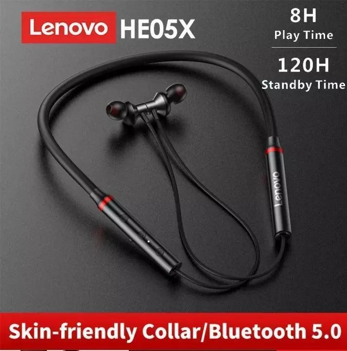 Lenovo HE05X Bluetooth 5.0 Magnetic Neckband Earphones with Mic – 8 Hours Playtime, Sweatproof Sports Headset