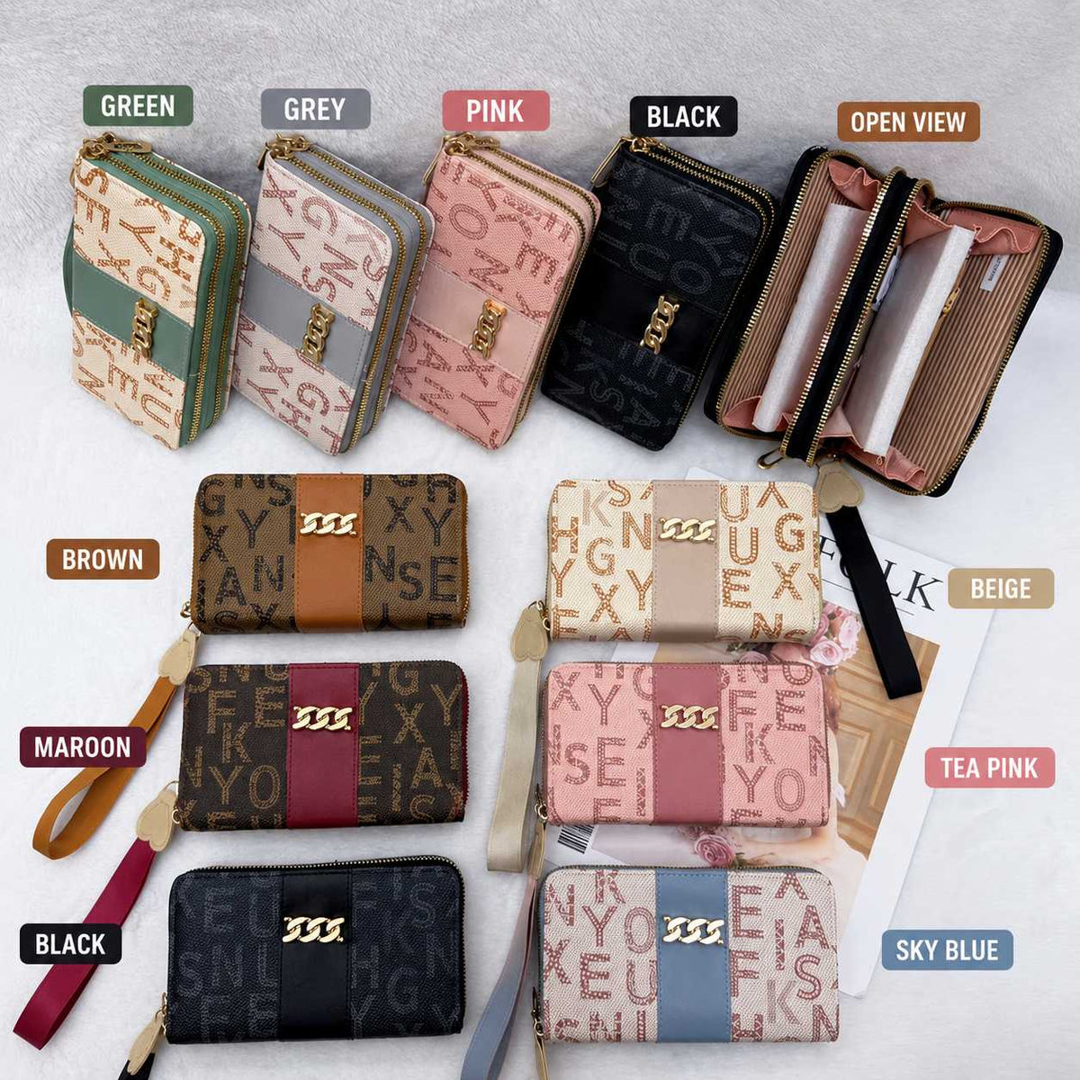 Stylish Ladies Double-Zip Wallet – Premium Printed Design, Multiple Compartments & Elegant Hand Strap - Grey