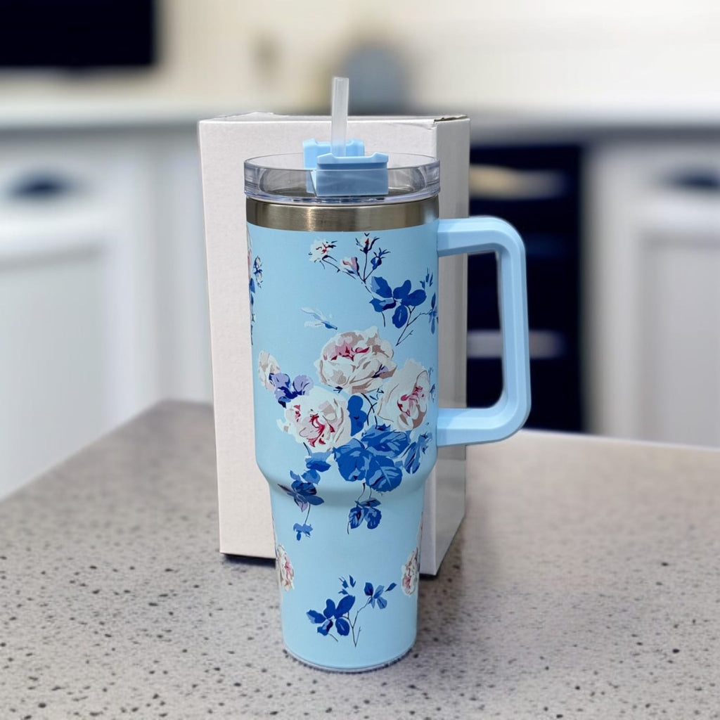 Floral Insulated Travel Tumbler with Ergonomic Handle and Leak-Resistant Lid – 40oz Double-Wall Vacuum Flask ( Random Color )