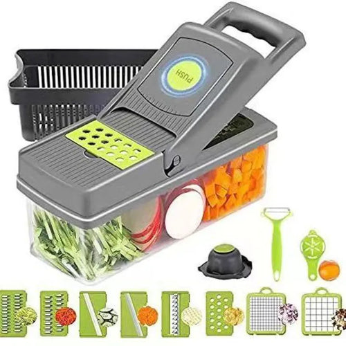 16-In-1 Multifunctional Vegetable Chopper & Slicer with Colander Basket and Storage Container – Heavy Duty Manual Food Cutter & Dicer