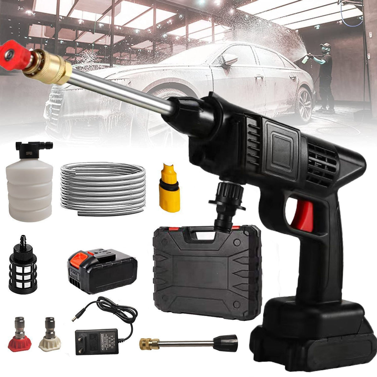 Automatic Cordless Car Wash Spray Gun | 48V High Pressure Lithium Battery | Wireless Foam Jet Washer (Single Battery)