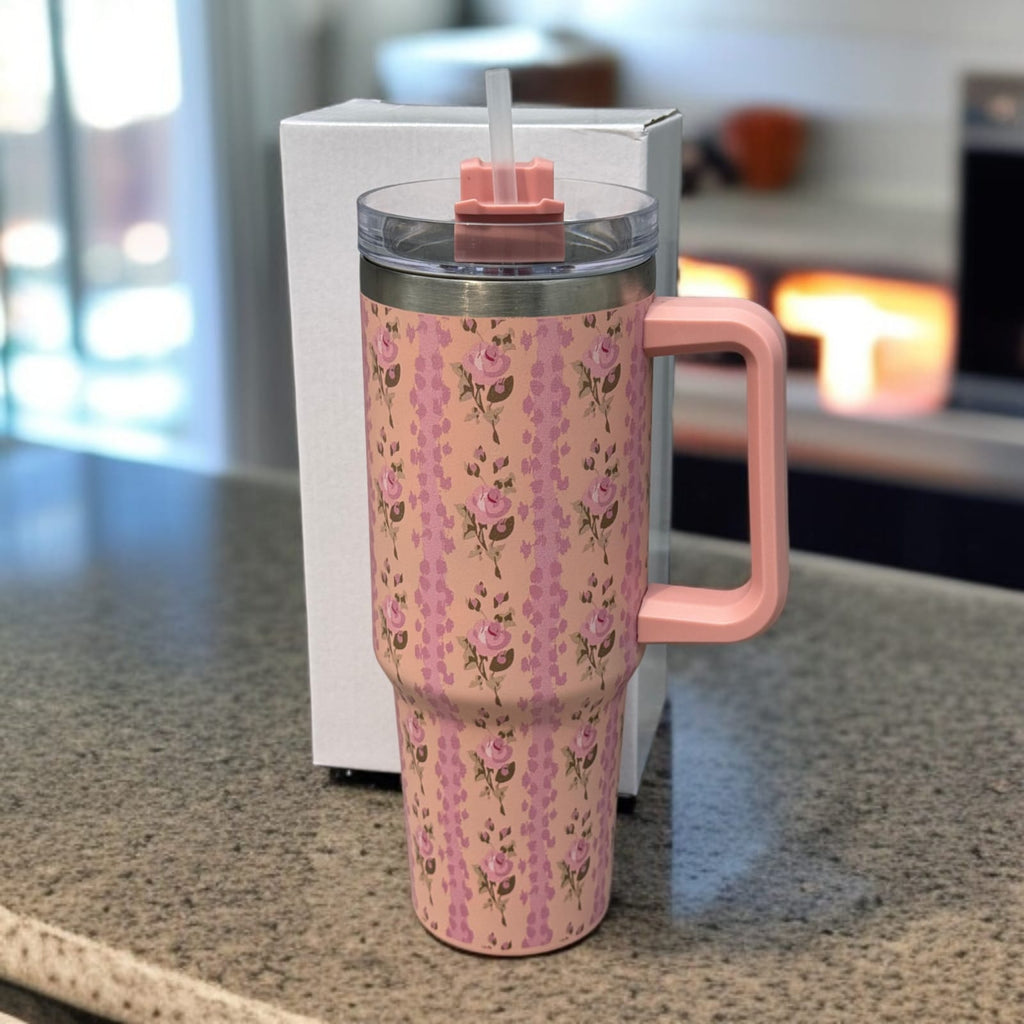 Floral Insulated Travel Tumbler with Ergonomic Handle and Leak-Resistant Lid – 40oz Double-Wall Vacuum Flask ( Random Color )