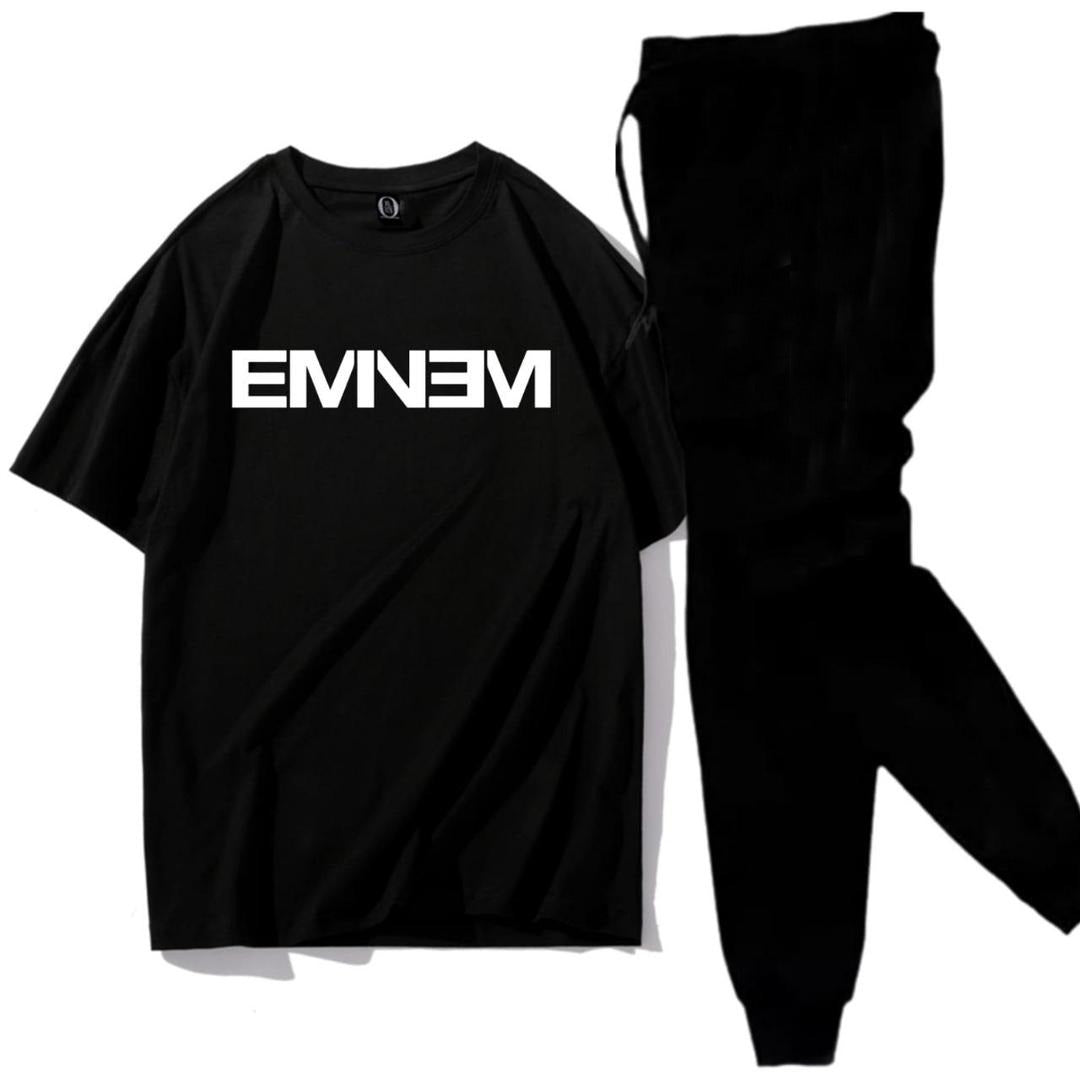 Premium Micro Men’s Tracksuit Emnem Print – Comfortable Sportswear | Gym & Workout Suit - Black Medium
