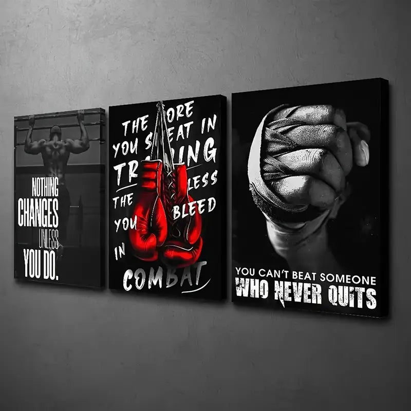 3-Piece Sports Wall Décor – Boxing Motivational Quote Prints, Athletic Black & White Art (8x11 Inches Each)
