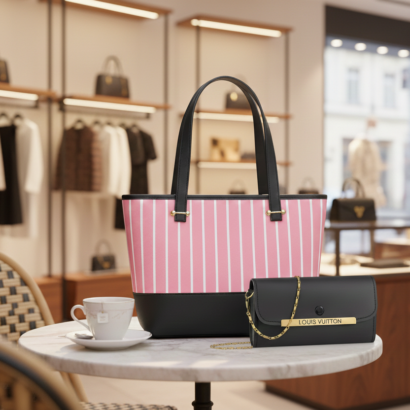 Elegant 2-Piece Women's Handbag Set: Chic Pink Striped Tote & Sophisticated Louis Vuitton Branded Chain Clutch