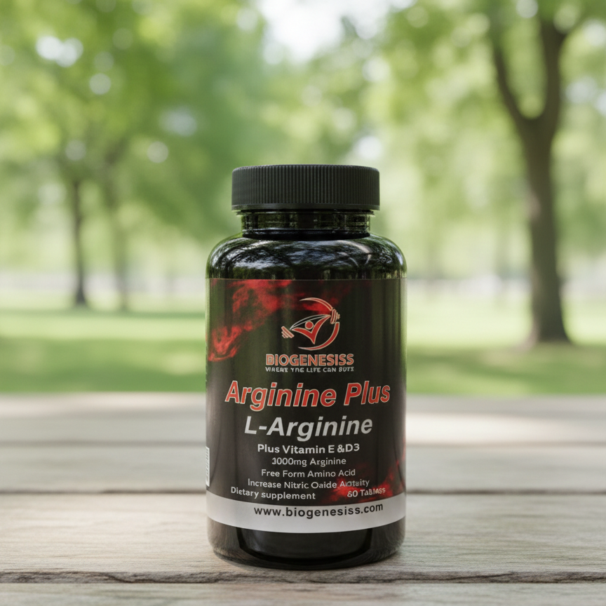 Biogenesiss Arginine Plus Premium L-Arginine Complex – 1000mg Free Form Amino Acid with Vitamins E & D3 for Nitric Oxide Boost, Circulation, and Muscle Recovery (60 Tablets)