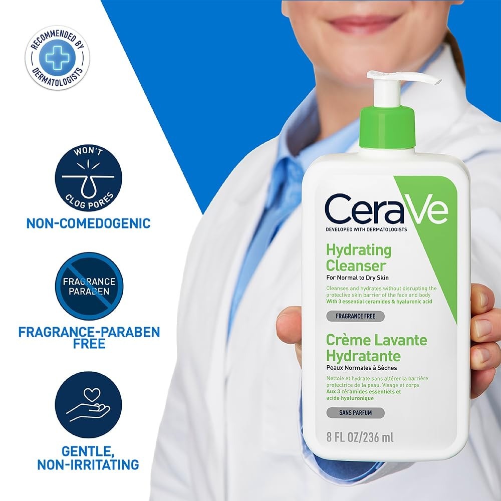 Cerave Hydrating Facial Cleanser 237ml – Gentle Moisturizing Face Wash With Hyaluronic Acid And Ceramides For Normal To Dry Skin