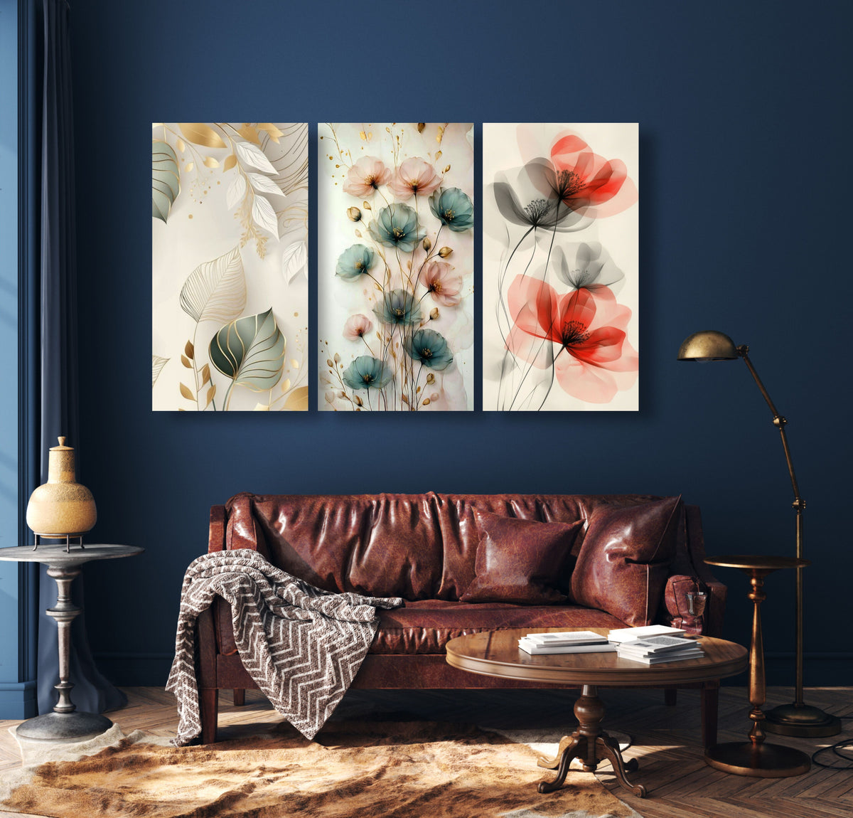 Set Of 3 Flowers Art Wooden Frames For Wall Decoration / Sticky Photo Tiles