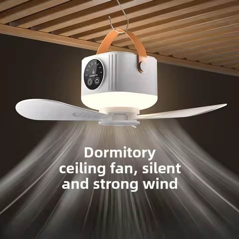 USB Dormitory Camping Small Ceiling Fan Rechargeable With 8 Hour Timer Night Light And 4 Speed Portable Design