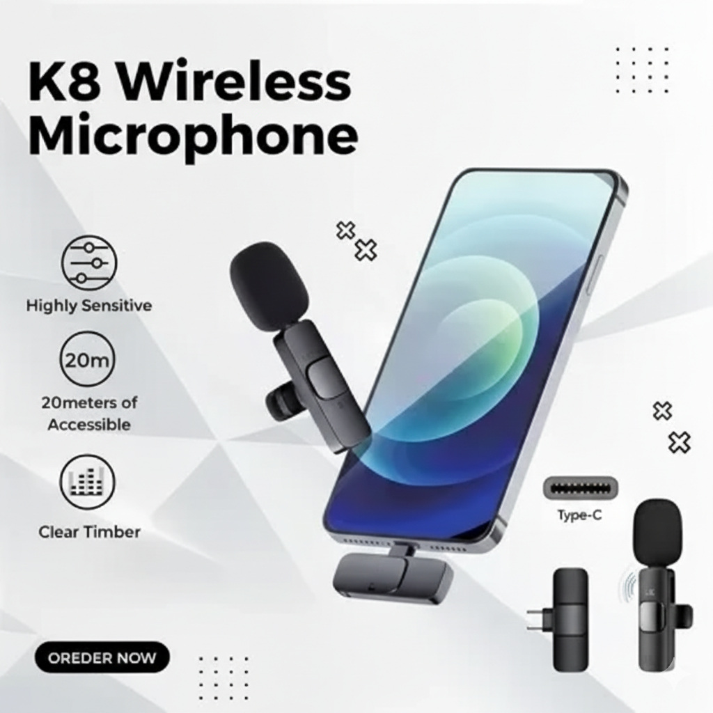 K8 Wireless Collar Microphone 🎤 Type-C Android Supported | Noise Reduction | Vlogging, YouTube & Podcast Mic