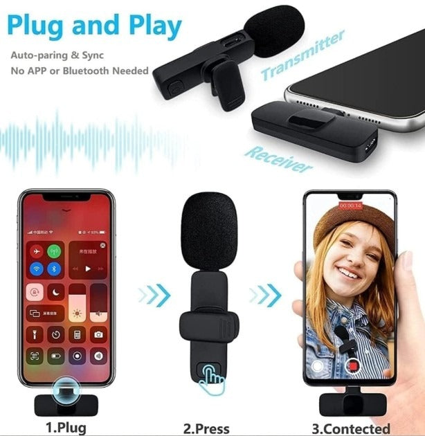K11 2-in-1 Dual Wireless Collar Microphone Type-C & Lightning Omnidirectional Lavalier Mic for iPhone, Android, and Vlogging