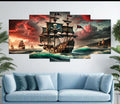 Pirate Ship Ocean Voyage Wall Art – 5-Piece Canvas Set (16x40 inches) | Wooden Sticky Tile Frames with Double Tape