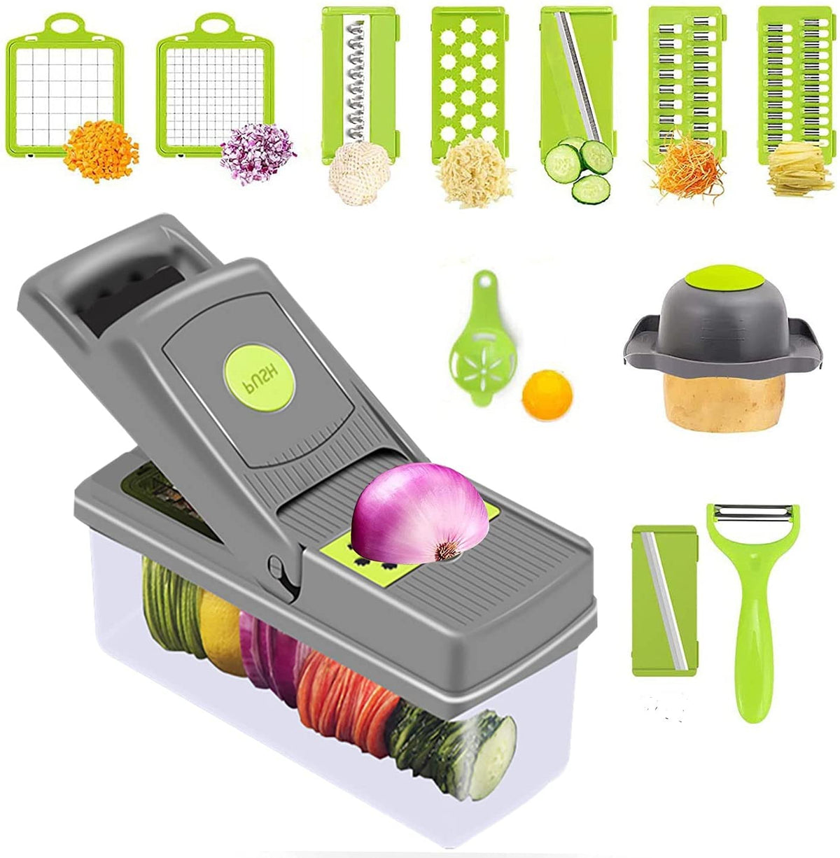 16-in-1 Multifunctional Vegetable Chopper & Slicer with Colander Basket and Storage Container – Heavy-Duty Food Cutter & Dicer for Onion, Potato, Carrot, Garlic & More
