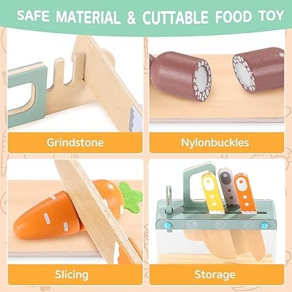Wooden Kids Play Kitchen Set with Toy Utensils & Velcro Food – Montessori Pretend Cooking Playset
