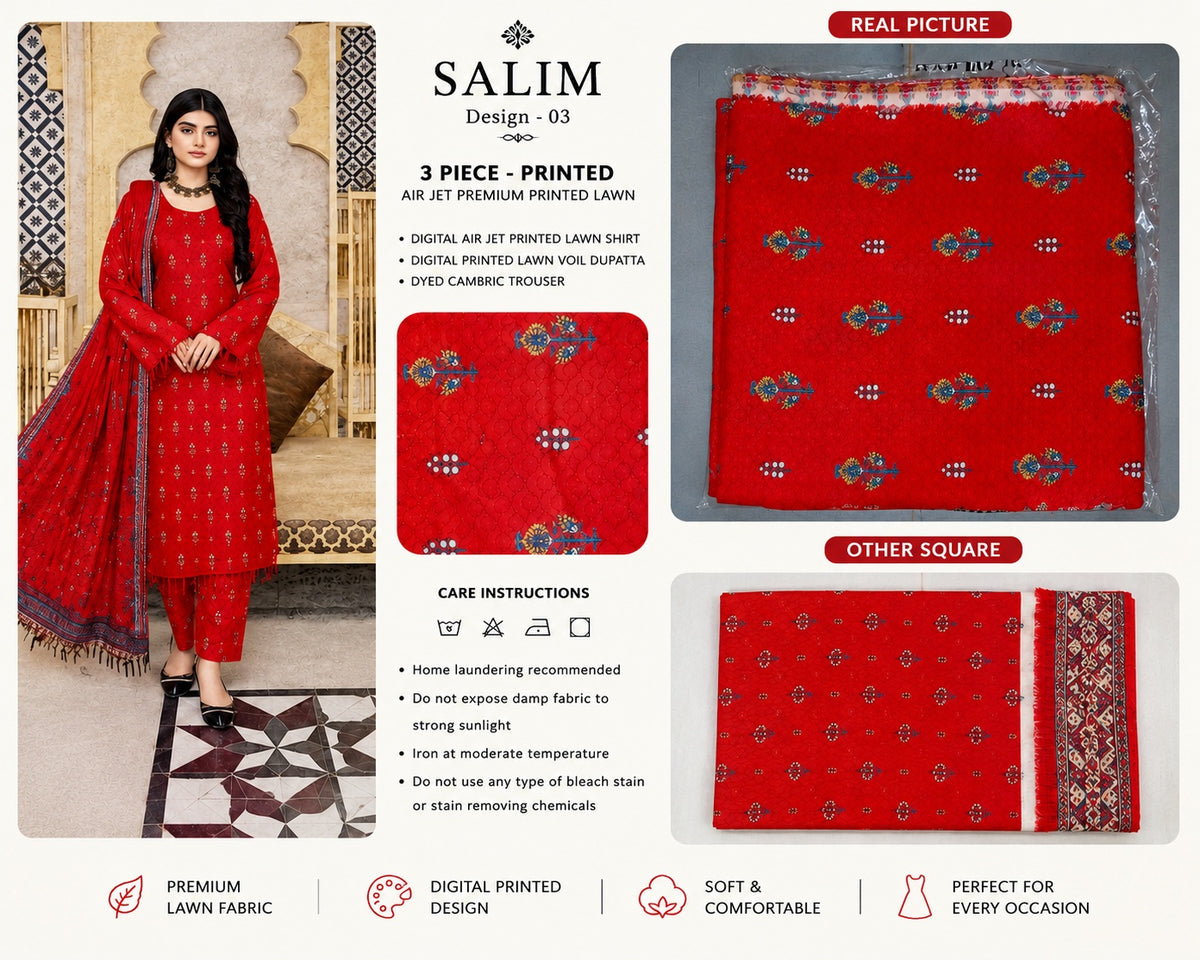 SALIM Design-03 3 Piece Printed Lawn Suit