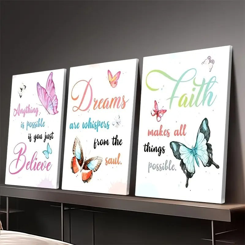 Believe Dream Faith 3 Piece Inspirational Butterfly Wall Art Set 8X11 Inch