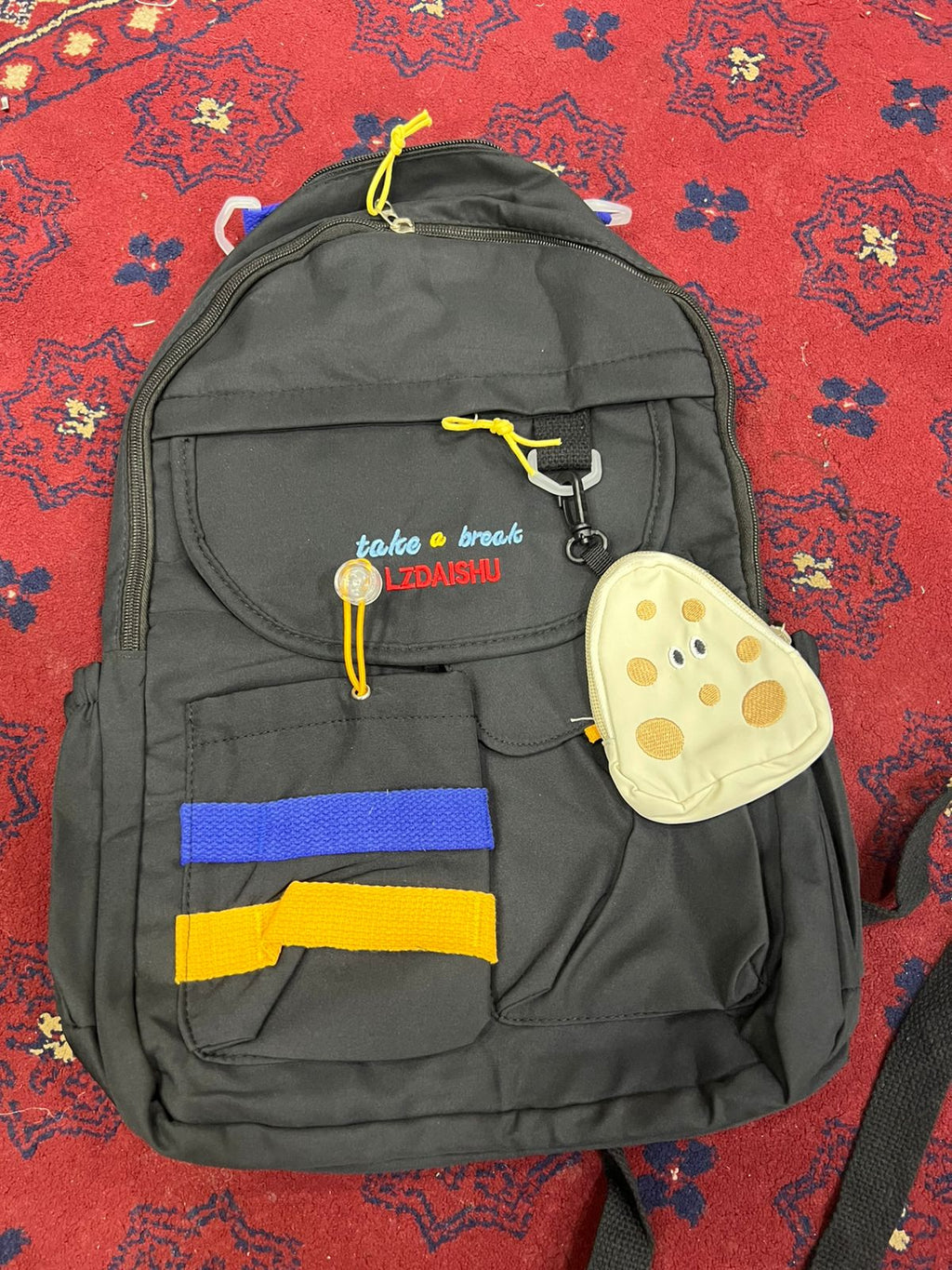 Stylish Black Backpack with Blue & Yellow Stripes + Cute Mouse-Shaped Coin Purse | Lightweight, Durable, School & Travel Bag