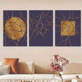 Set Of 3, Abstract golden moon Wall Art Photo Canvas Wooden Tile Frame