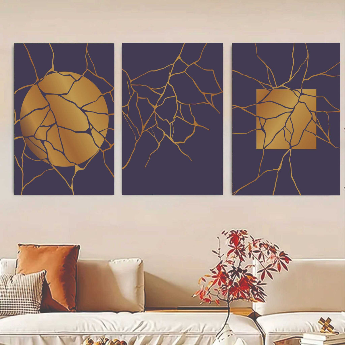 Set Of 3, Abstract golden moon Wall Art Photo Canvas Wooden Tile Frame