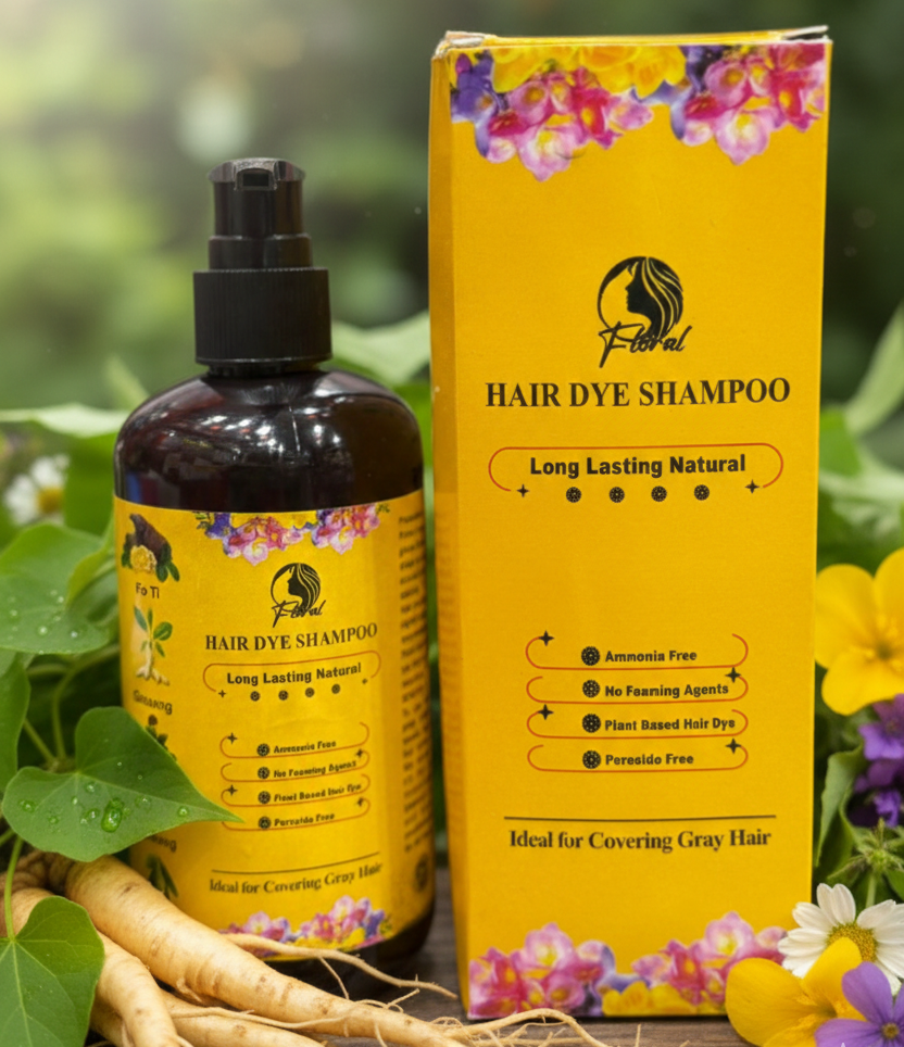 Floral Natural Hair Dye Shampoo - Ammonia-Free Herbal Formula with Ginseng & Fo-Ti for Long-Lasting Gray Hair Coverage | 200ml