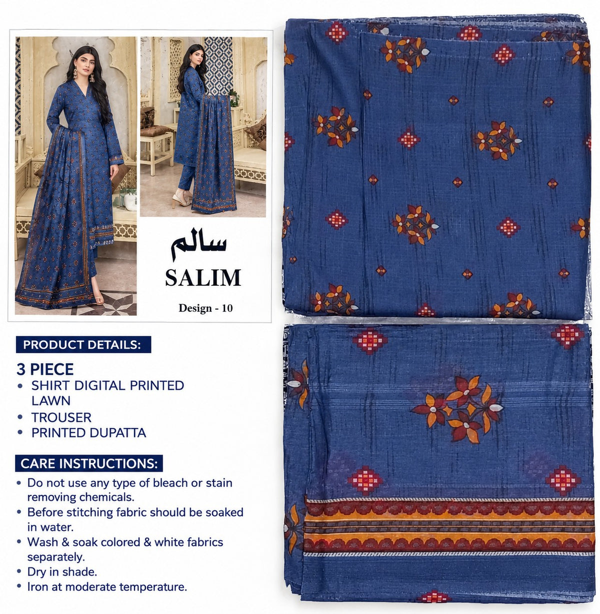 SALIM 3 Piece Printed Lawn Suit – Design 10 | Digital Printed Lawn