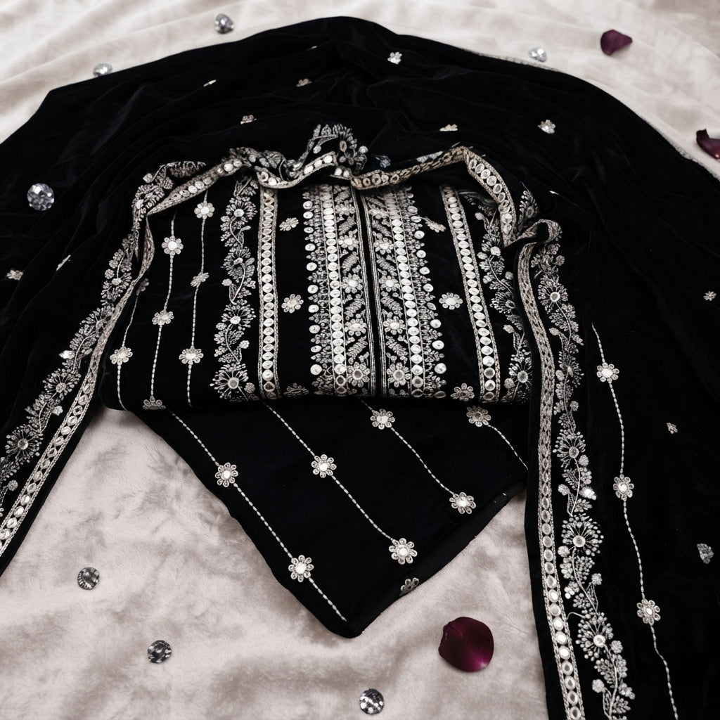 Premium Velvet Unstitched Suit Intricate Embroidery Soft Comfortable Fabric Includes Shirt Trouser Dupatta Perfect For Winter And Formal Wear