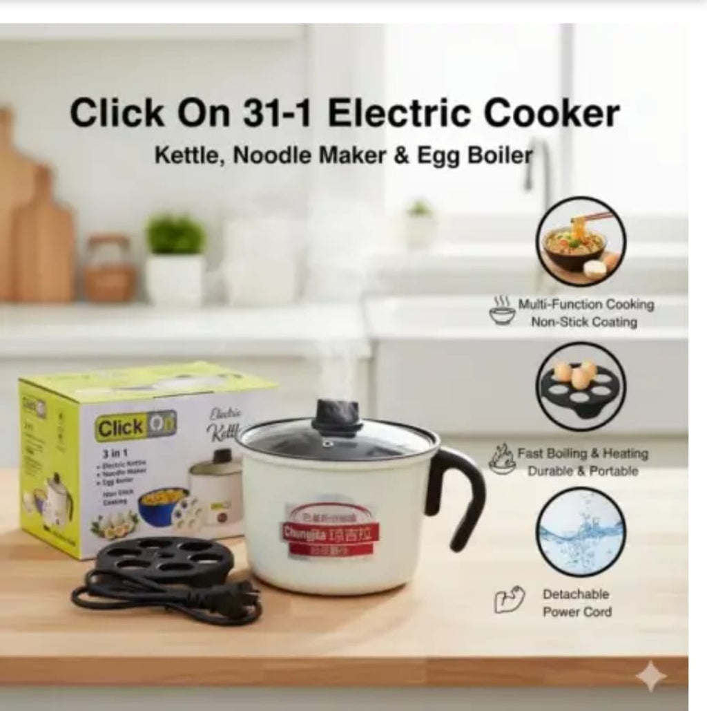 Click On 3-in-1 Multi-Functional Electric Kettle – Noodle Maker, Egg Boiler & Hot Pot with Non-Stick Coating