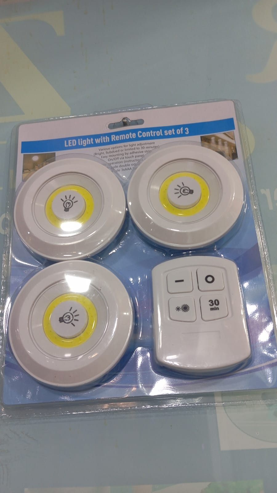 Pack of 3 LED Remote Control Lights – Tap Lights with Self Adhesive for Cabinet, Wardrobe & Kitchen ~ Cell Operated