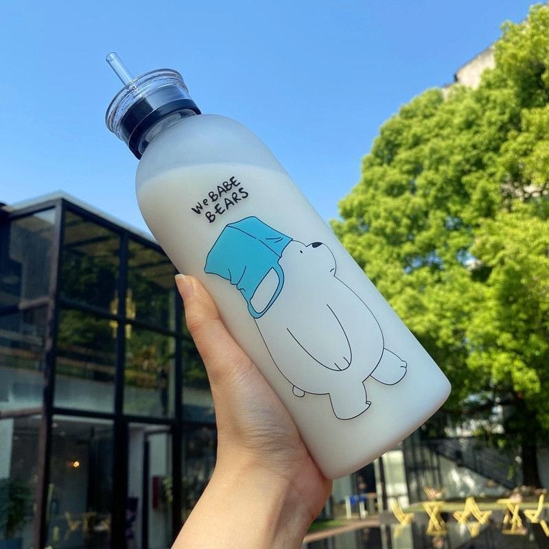 We Bear Panda Water Bottle 1000ml With Two Caps And Straw Durable Design For Daily Hydration And Easy Use (Random Design)
