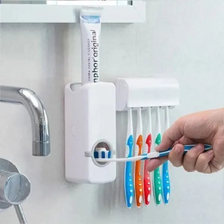 Tooth Paste Dispenser With 5 Brush Holder Wall Mounted Automatic Hands Free Toothpaste Dispenser