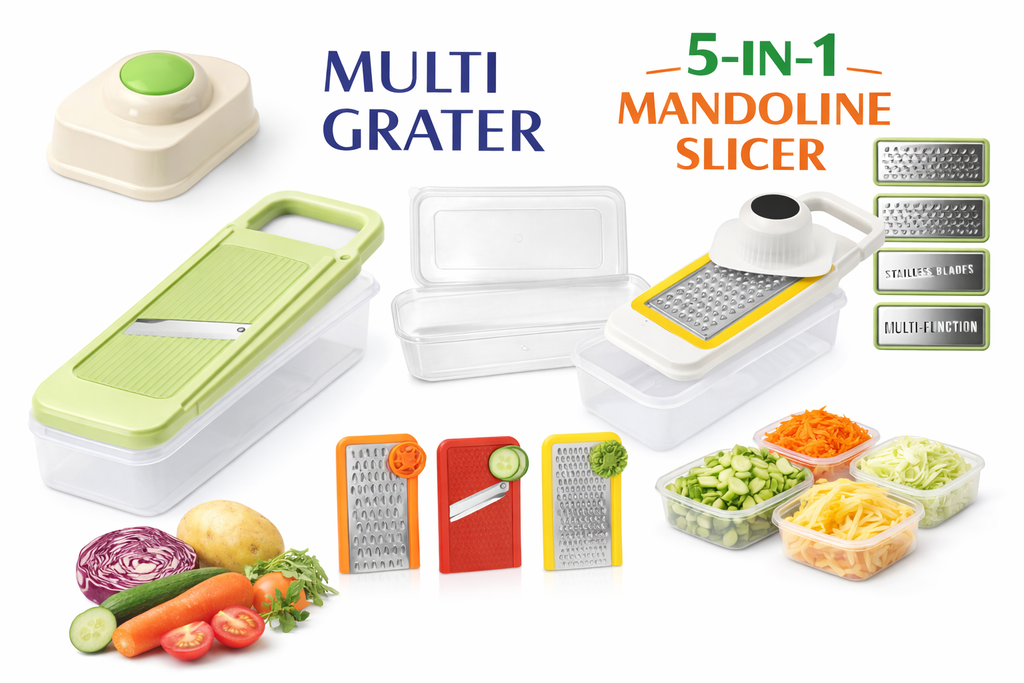 5-in-1 Multi Grater & Mandoline Slicer with Storage Box – Stainless Steel Blades Vegetable & Fruit Cutter