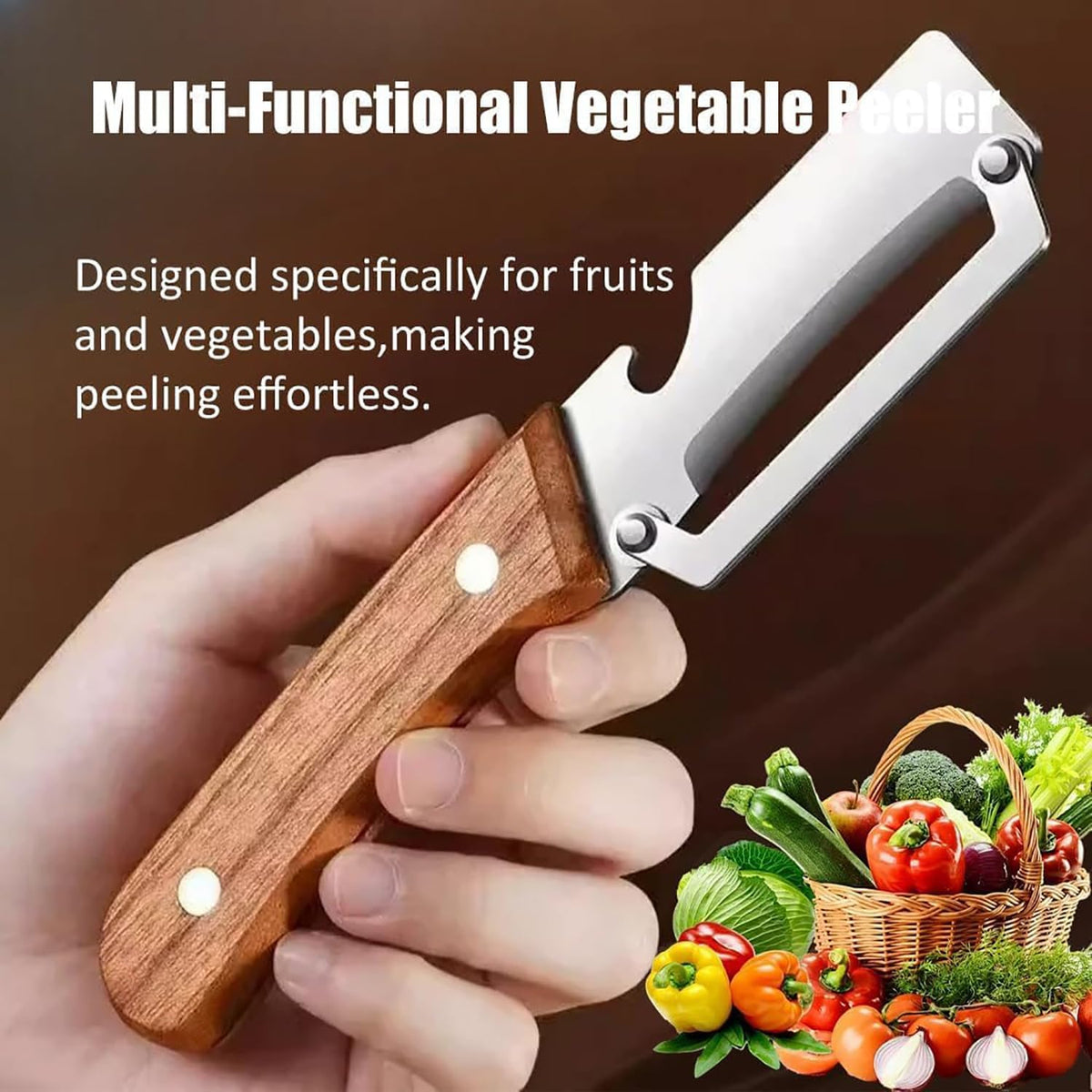 1 PCs Multi-Functional Knife Peelers For Kitchen, Multi Functional Vegetable Peeler, 3 In 1 Multi Functional Wooden Handle Peeler And Bottle Opener
