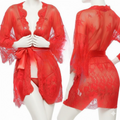 Single Pcs Women’s Net Transparent Sheer Lace Robe Gown – Long Sleeve Free-Size Nightwear With Satin Belt For Elegant And Stylish Comfort | DC-1051 (Red)