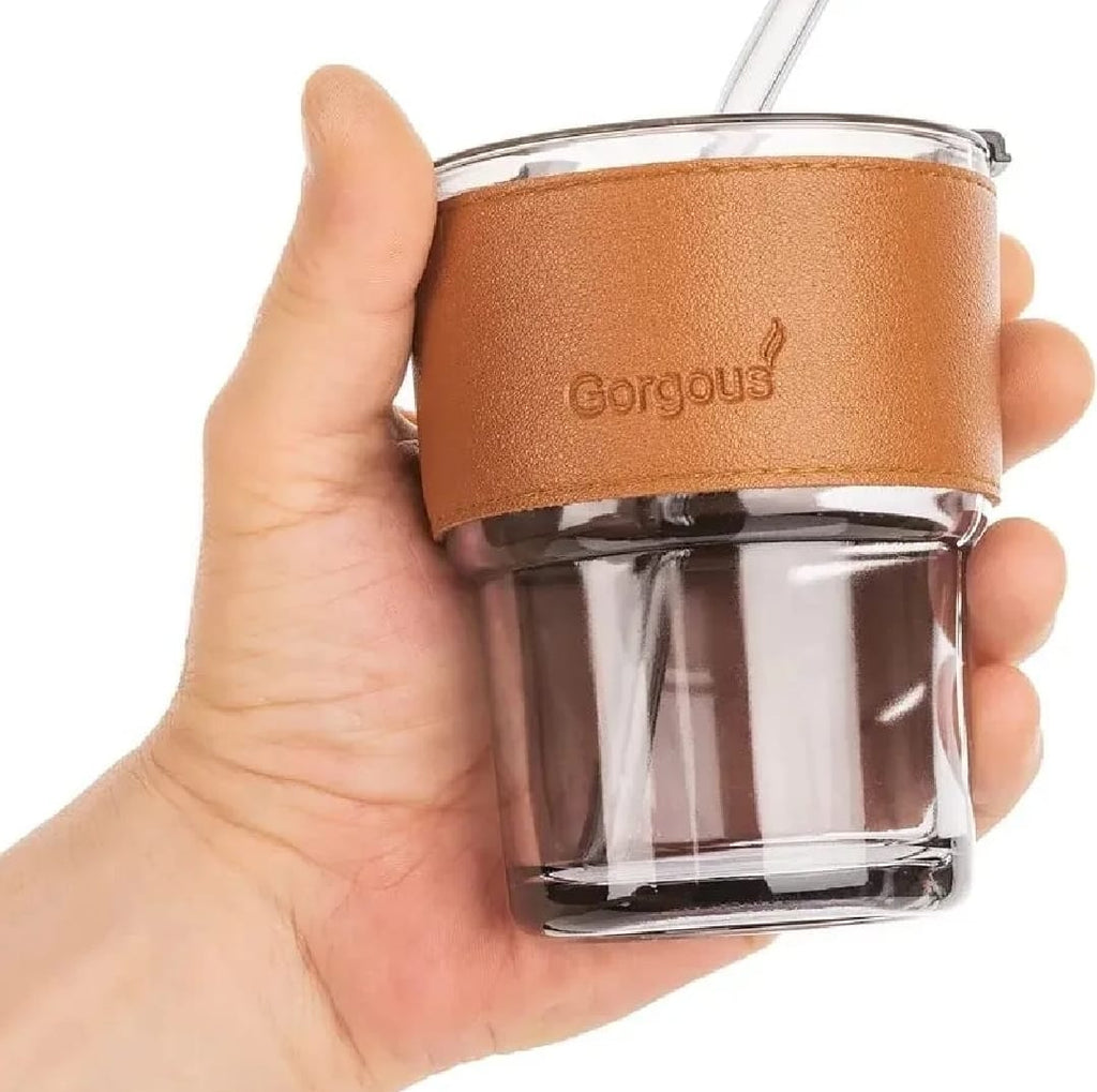 Reusable Coffee Mug with Straw – Leakproof Lid & Heat-Resistant PU Leather Sleeve for Hot & Cold Drinks (300ml)