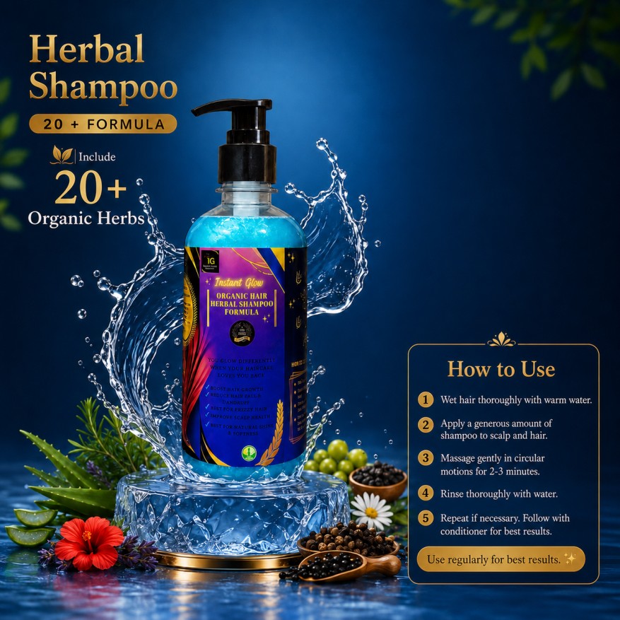Instant Glow Herbal Shampoo 20+ Formula 500ml | Organic Herbal Shampoo for Hair Growth & Hair Fall Control | Dandruff & Frizz Control | Scalp Nourishing Hair Care