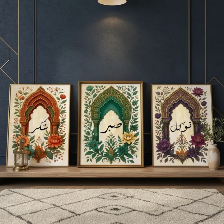 Tawakkul Sabar Shukar Wooden Sticky Wall Art 3 Piece Islamic Motivational Frame Set 8X11 Inch Each With Easy Sticky Tape Installation