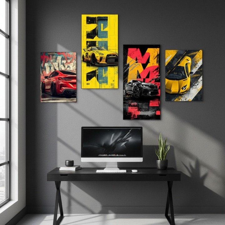 Set of 4 Stylized Automotive Canvas Prints | Wooden Sticky Wall Tiles | 8x16" & 8x11" | Double Tape Included