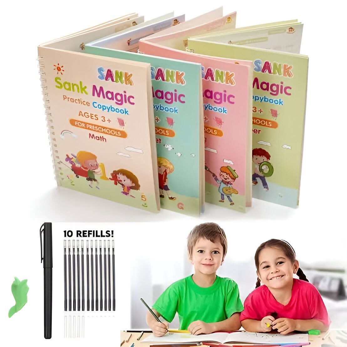 Sank Magic Practice Copybook Set – 4 Books + 10 Refills with Pen for Kids
