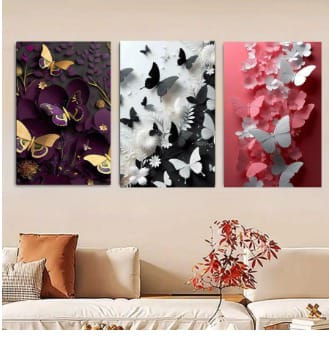 Butterfly Wall Art Set – 3 Wooden Frames (8x11”) with Elegant Floral & Nature Designs | Easy Wall Mounting with Double Tape
