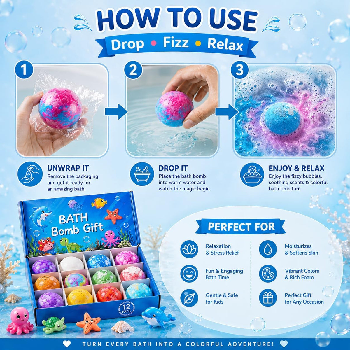 1pcs Bath Bombs for Kids Gift Set, Colorful Bath Bomb with Surprise Gift Inside, Ocean Theme Fizzing Tub Fun, Moisturizing Foam for Soft Skin, Cute Toy Filled Bath Time Treat