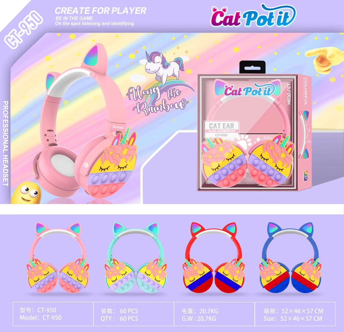 CT-950 Unicorn Bluetooth Headphones | A-POP It Colorful Cat Ear Wireless Headset with LED Lights for Women & Kids