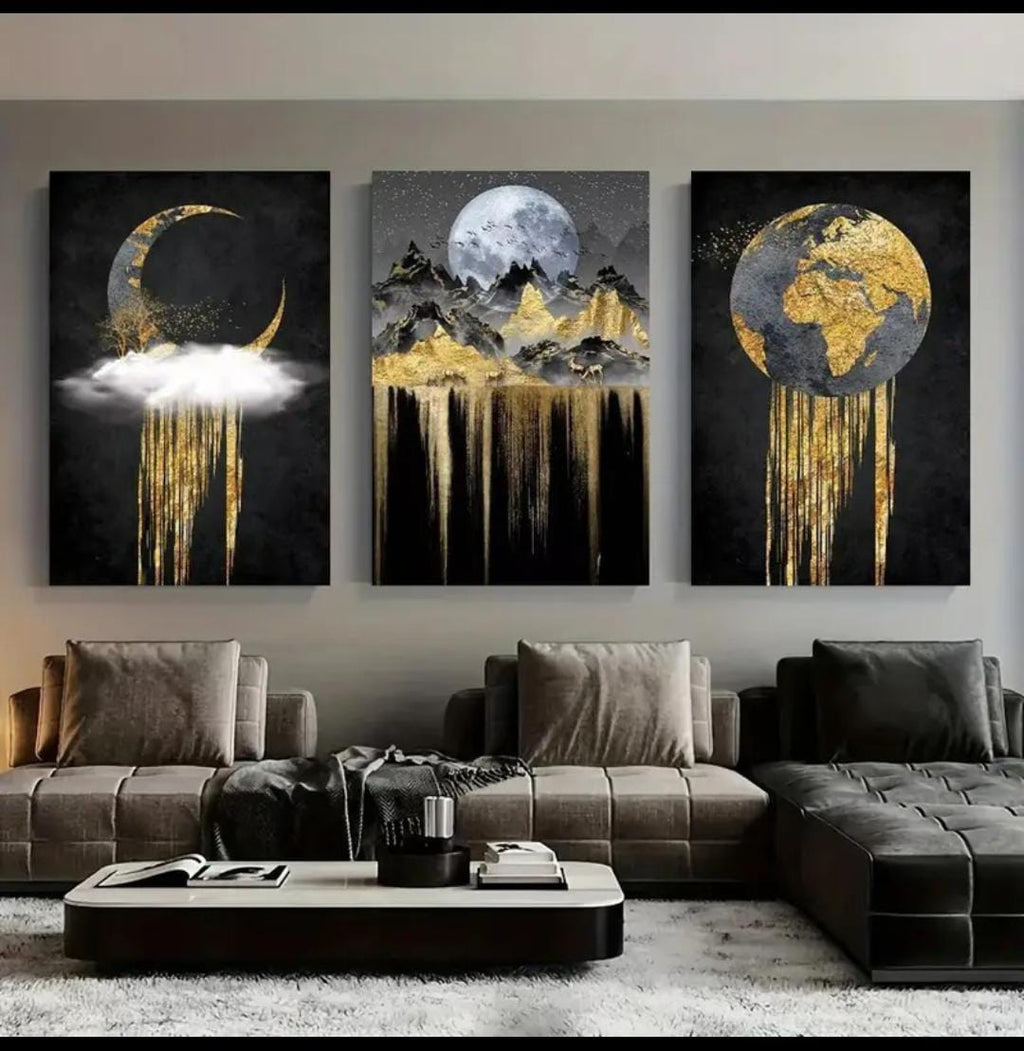 Set of 3 Wooden StickyTile Frames 8x11 – Black & Gold Wall Art with Moon, Mountains & Globe + Double Tape Included
