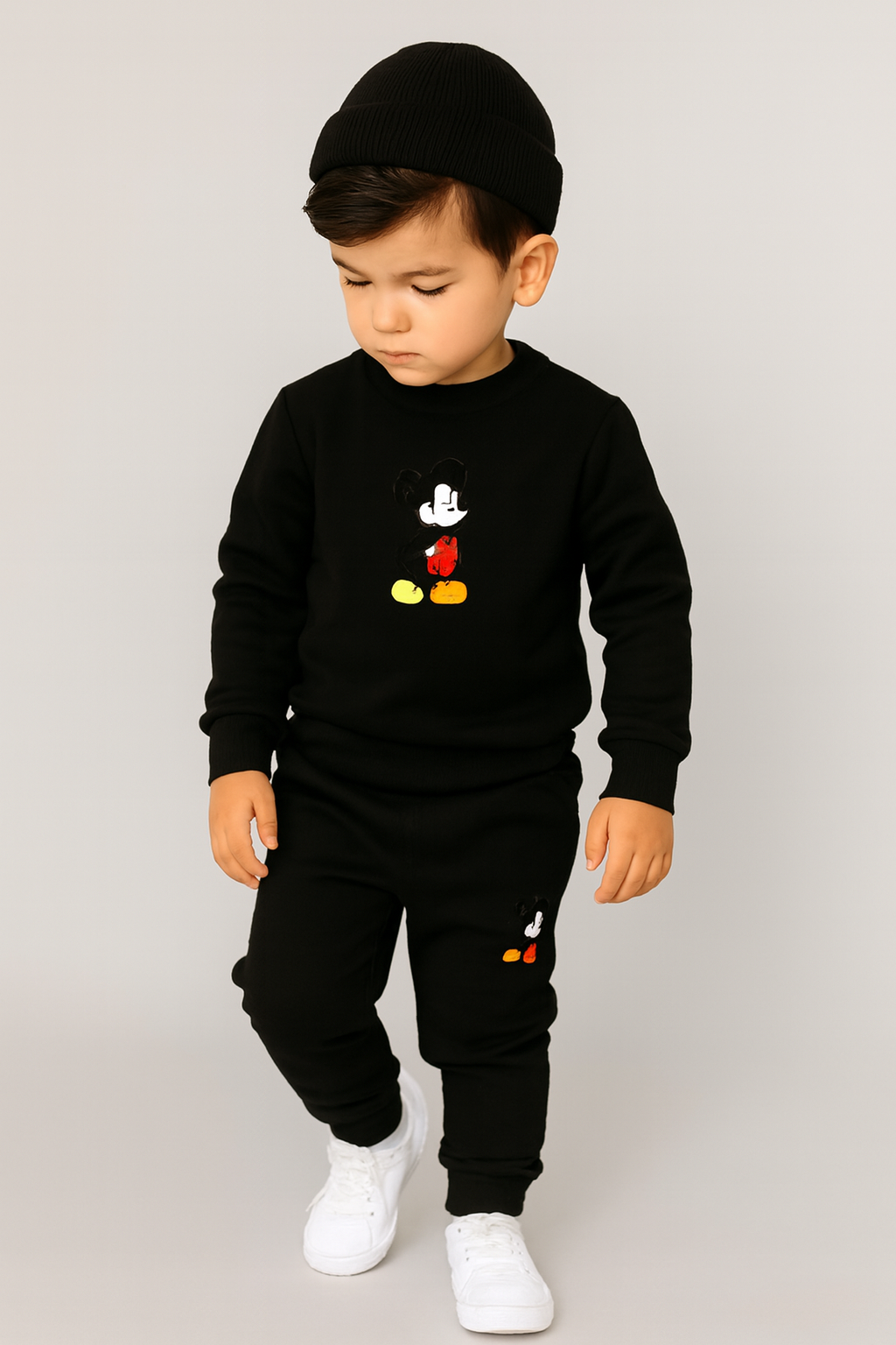 Black Mickey Mouse Printed Kids Tracksuit | Winter Fleece Sweatshirt & Trouser Set for Boys & Girls – Warm & Stylish Outfit small