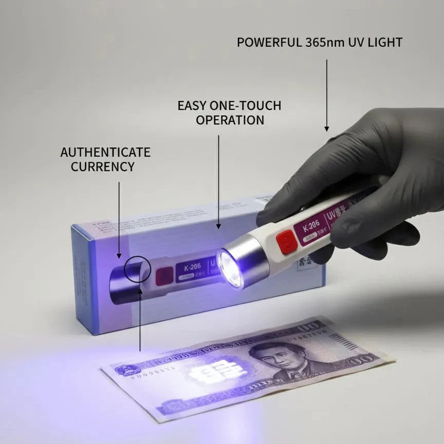 K-206 365nm UV Currency Checker Rechargeable Light | Portable Lightweight UV Torch for Banknote Security Feature, Stain & Security Mark Inspection