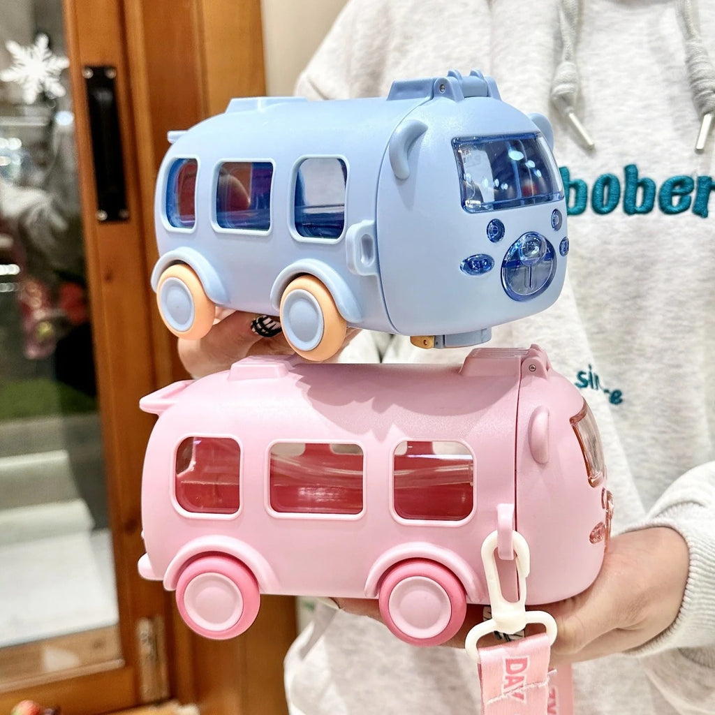 Imported 600ml Bus Water Bottle | Kids Cute Bus Shape | Strap, Sipper & Straw | Leakproof BPA Free (Random Colour)