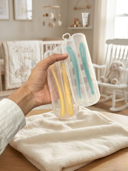 Baby Silicone Feeding Spoon & Fork Set with Hygienic Storage Box | Ultra-Soft Non-Toxic Self Feeding Toddler Utensils | Portable 2-Piece Premium Travel Pack Set for Sensitive Gums - Random Color